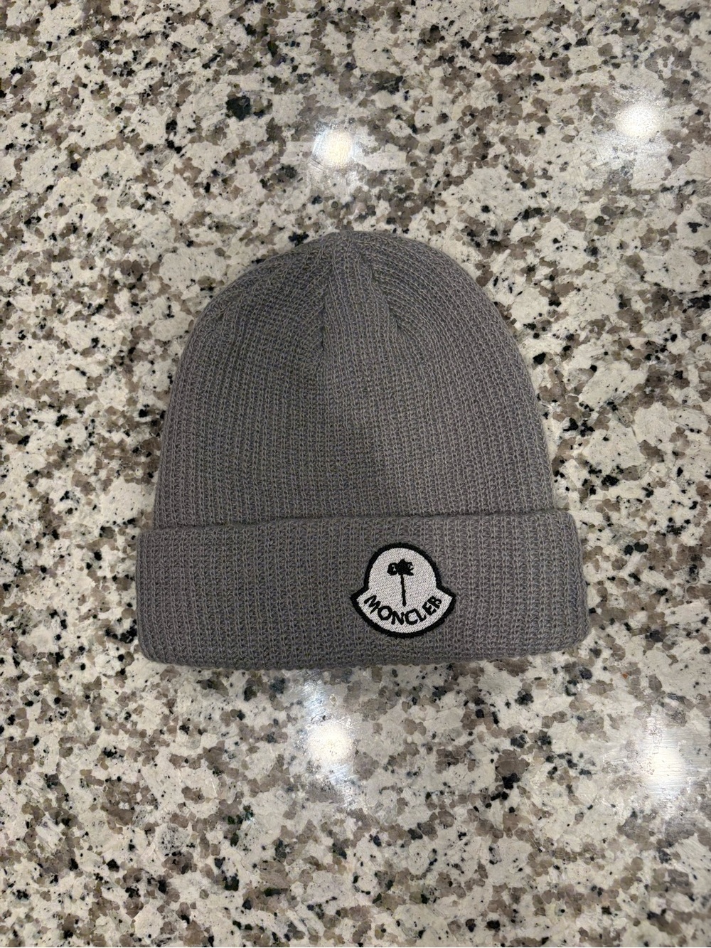 Moncler Gray Ribbed Knit Cuffed Beanie with Logo Patch